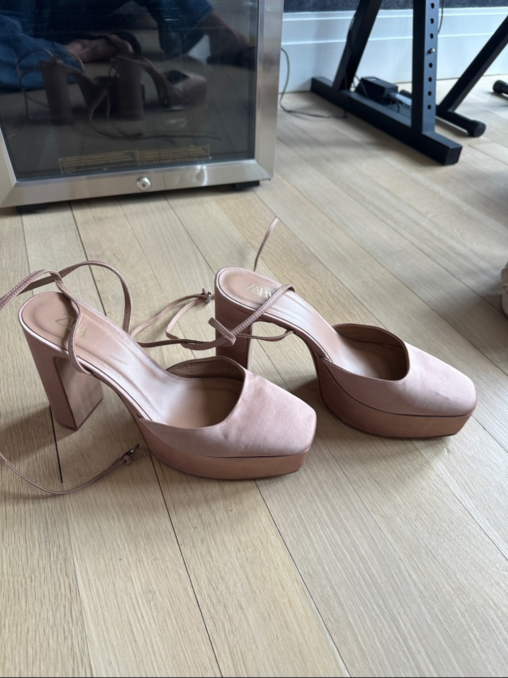 Zara Blush Pink Platform Block Heel Sandals with Ankle Tie